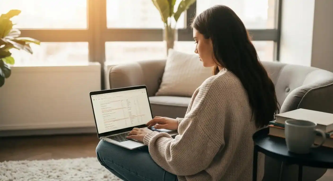 Person analyzing keyword data on a laptop in a cozy workspace