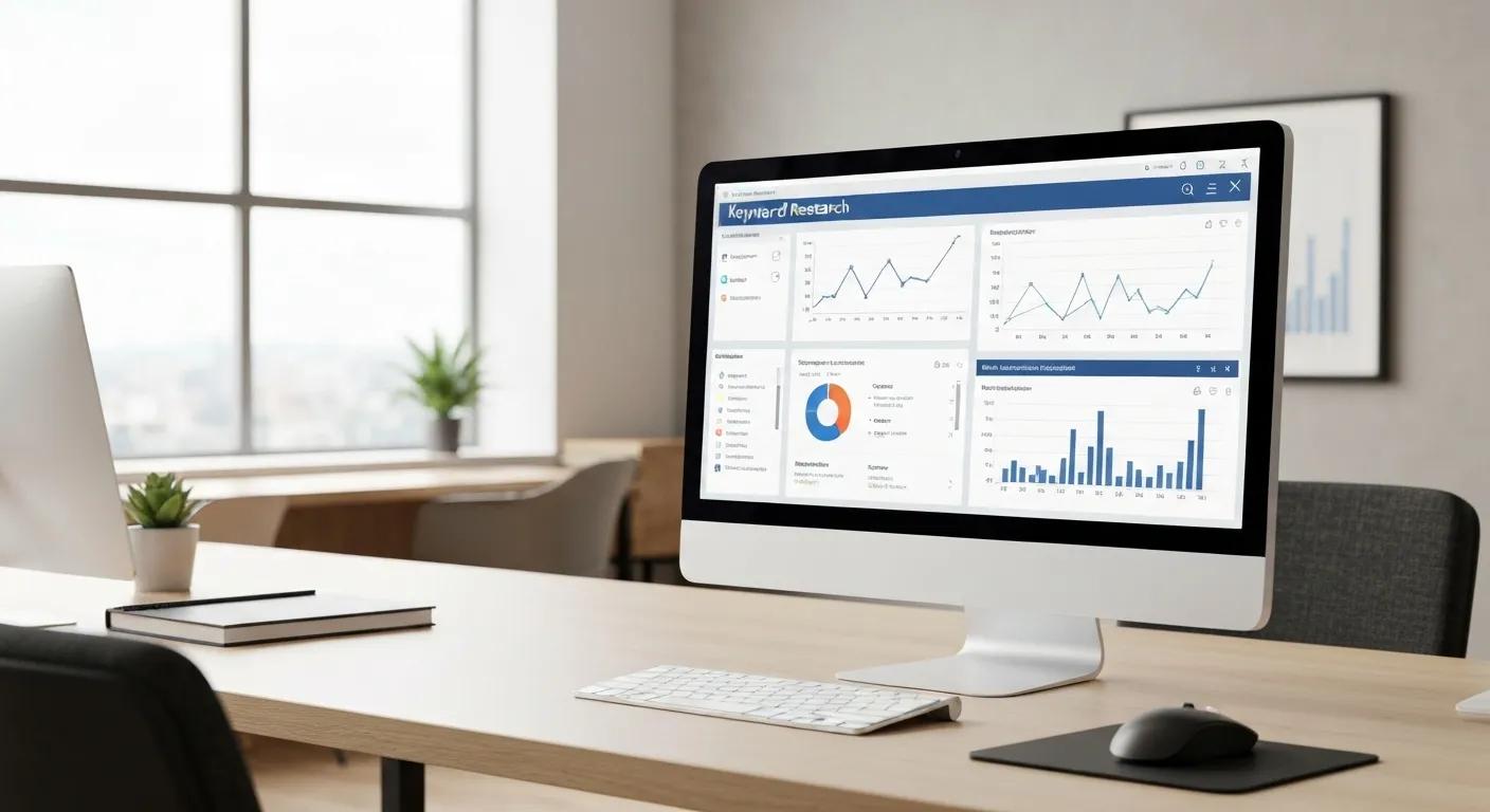 Computer screen showing keyword research tools and analytics in a modern office