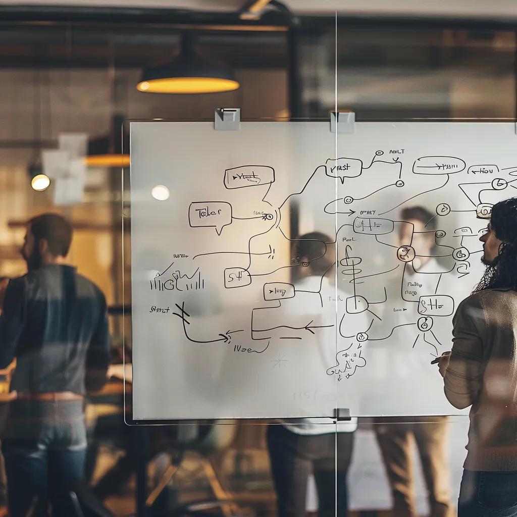Flowchart of internal linking strategies on a whiteboard in a collaborative office