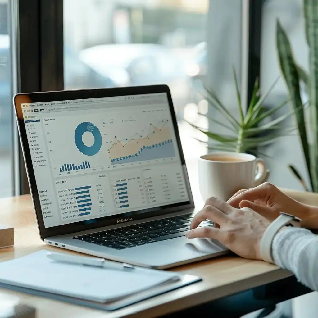 Person analyzing website traffic data on a laptop in a modern workspace