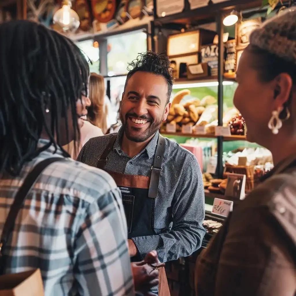 Small business owner engaging with customers in a local store, highlighting the importance of local SEO