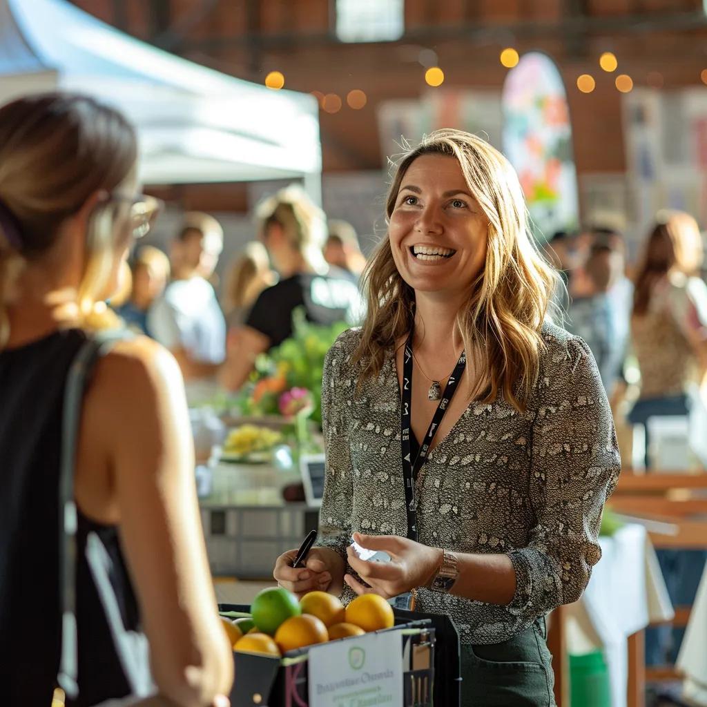 Local business owner networking at a community event, emphasizing local link building techniques