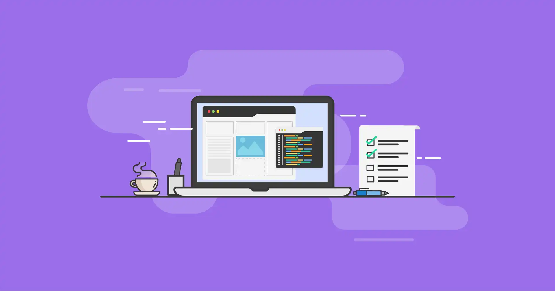 Web Design vector with computer, checklist and coffee