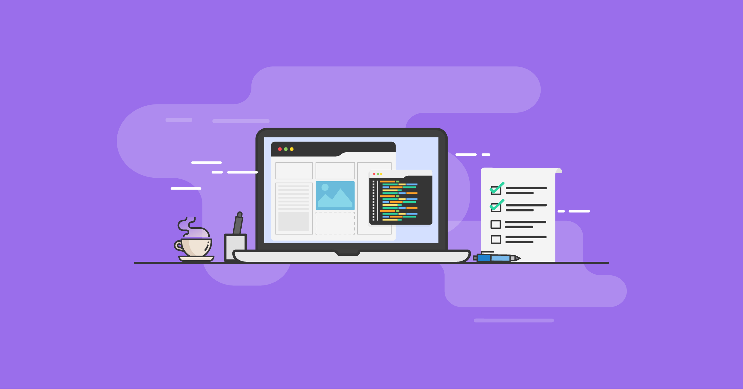 Web Design vector with computer, checklist and coffee